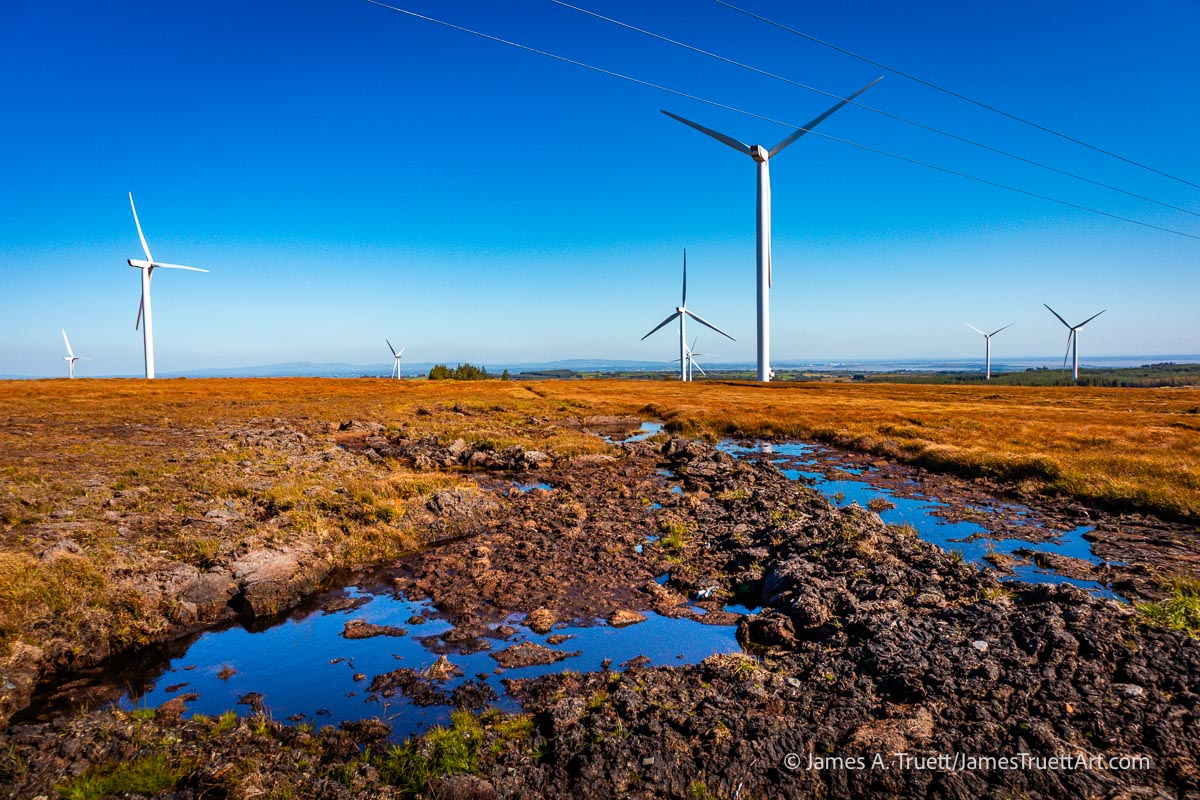 The Boolynagleragh Wind Farm in a bog over Lissycasey, County Clare.