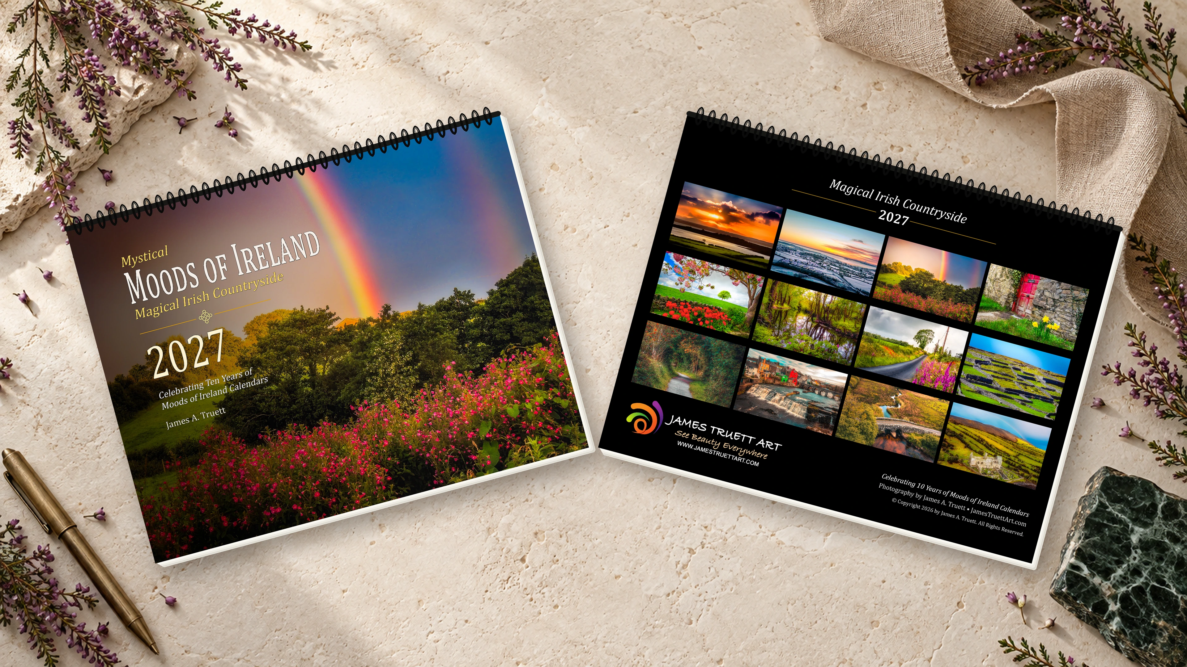 2027 Magical Irish Countryside Calendar cover and back cover arranged on an elegant stone surface