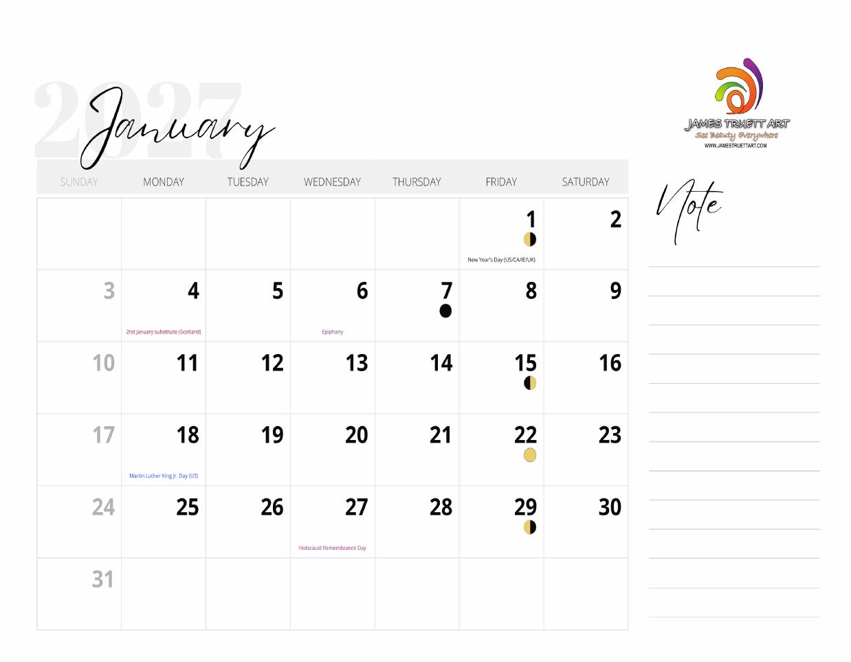 January 2027 calendar grid
