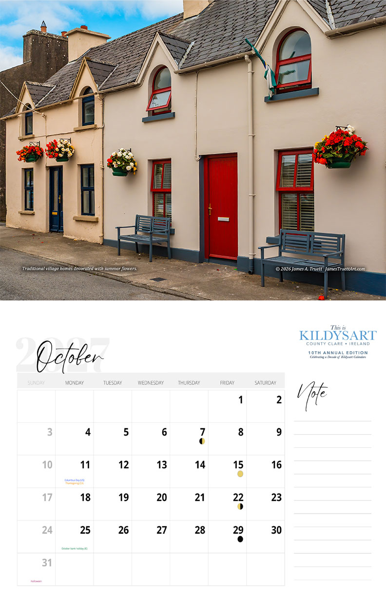 October 2027 calendar page featuring traditional Kildysart homes decorated with summer flowers
