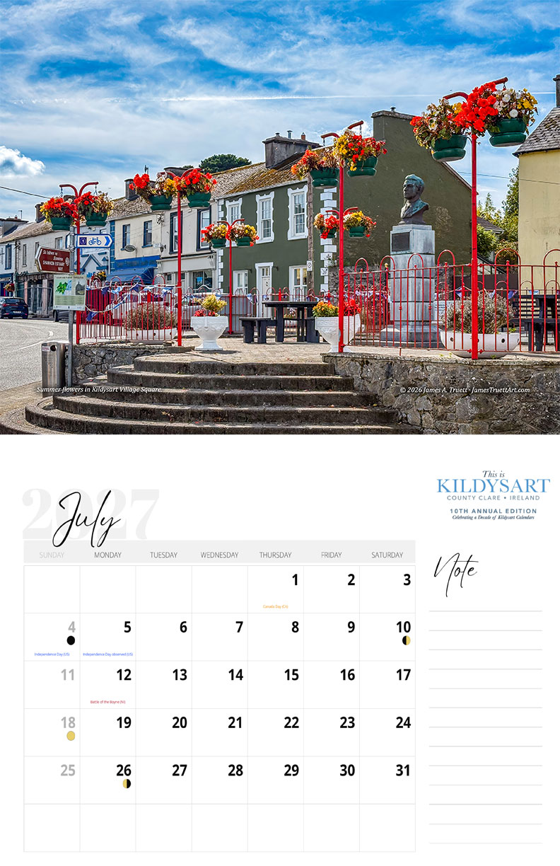 July 2027 calendar page featuring summer flowers in Kildysart Village Square