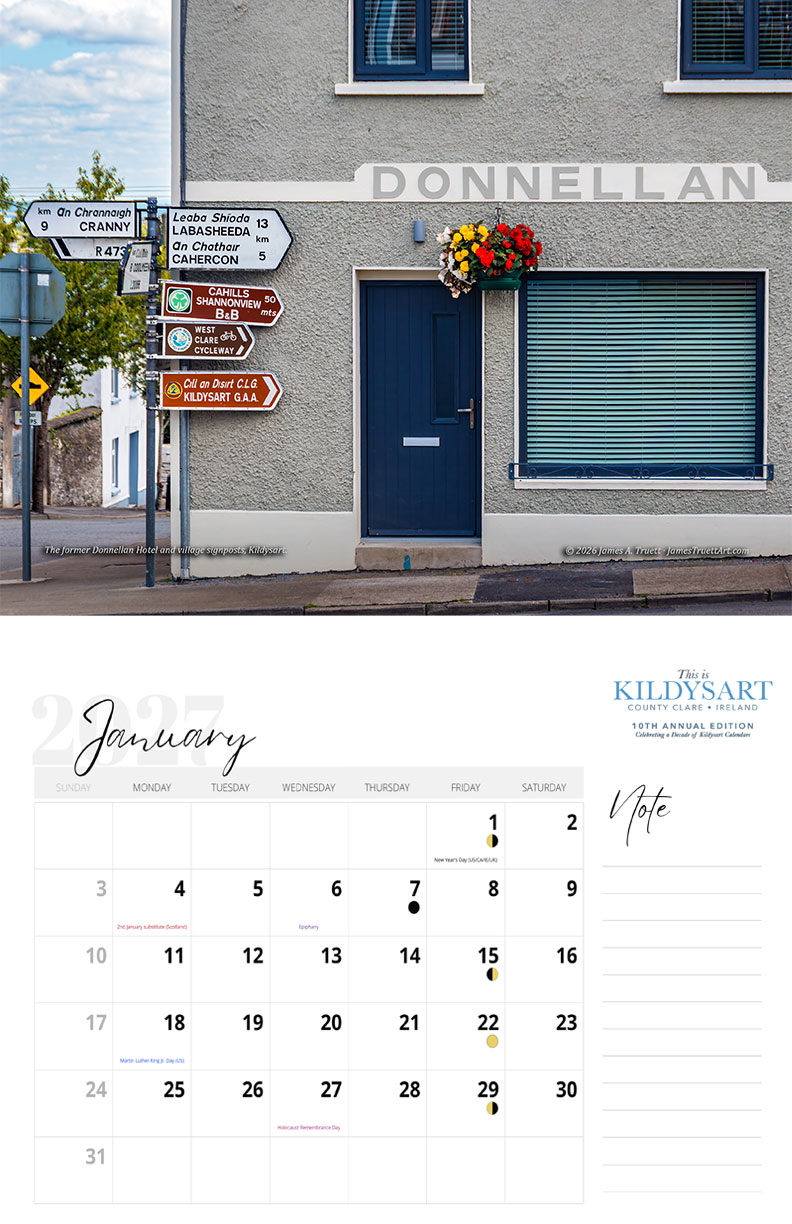 January 2027 calendar page featuring the former Donnellan Hotel and Kildysart village signposts