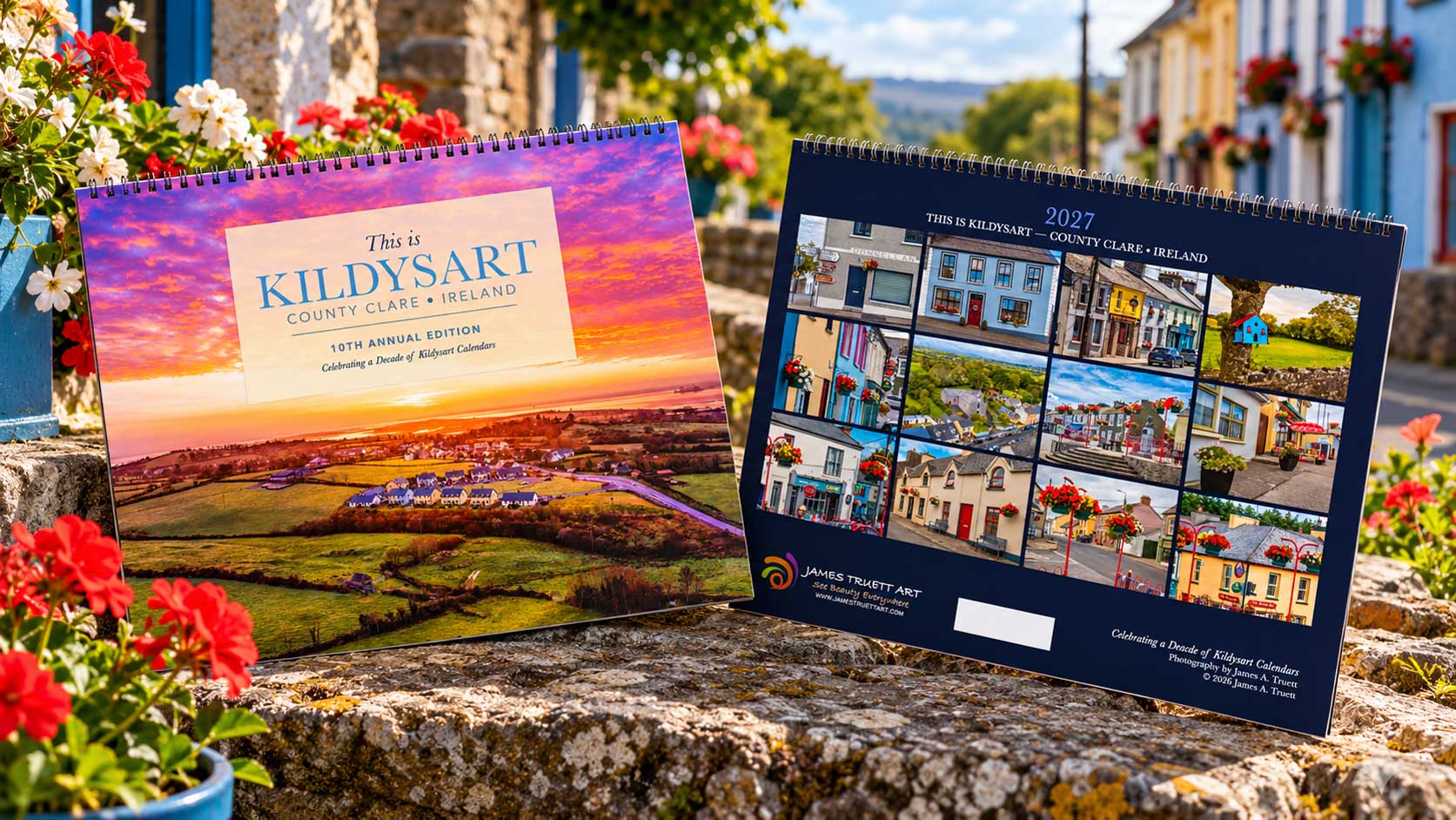 Front and back views of the 2027 This is Kildysart wall calendar displayed among flowers in Kildysart