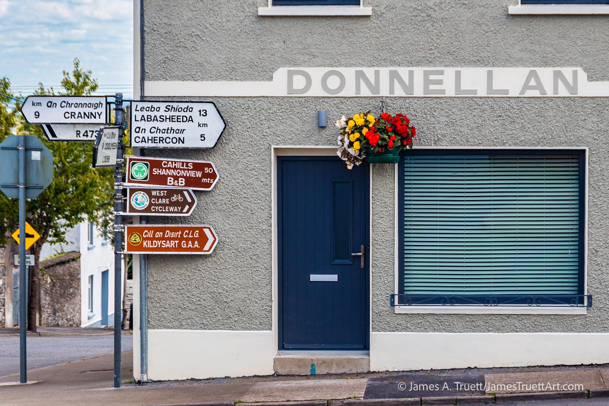 The former Donnellan's Hotel with local street signs.