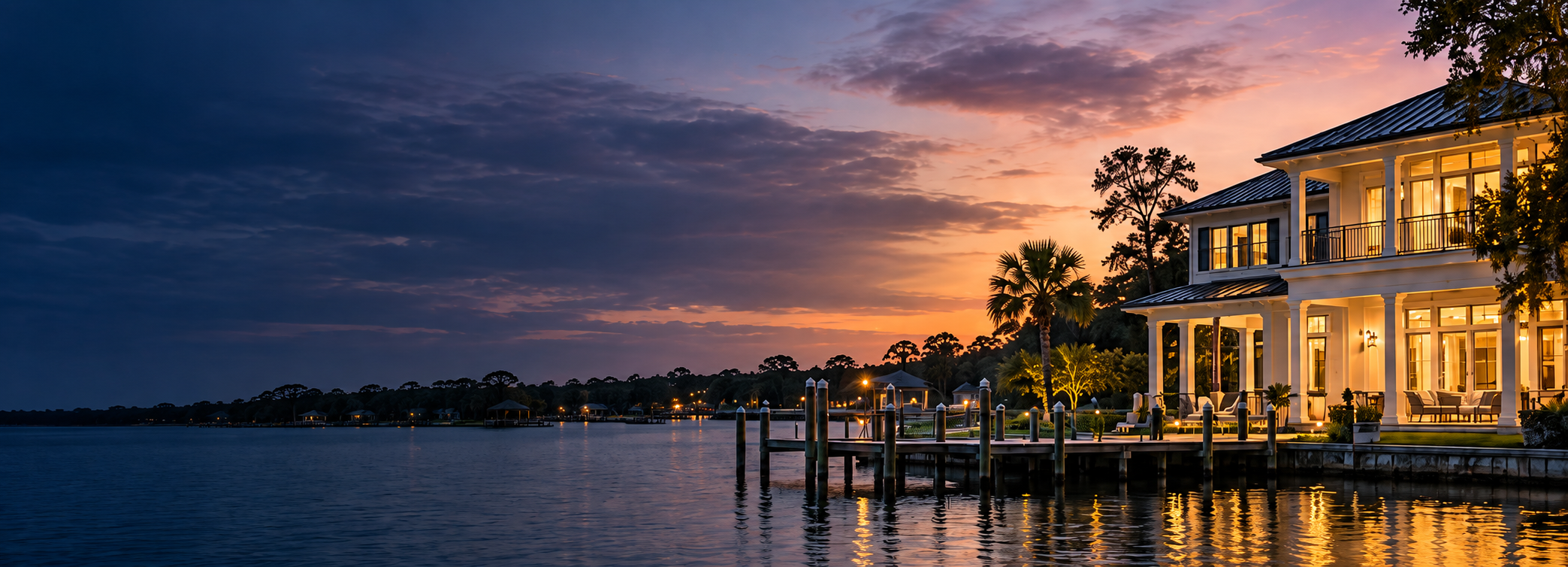 Illustrative waterfront home and dock at dusk