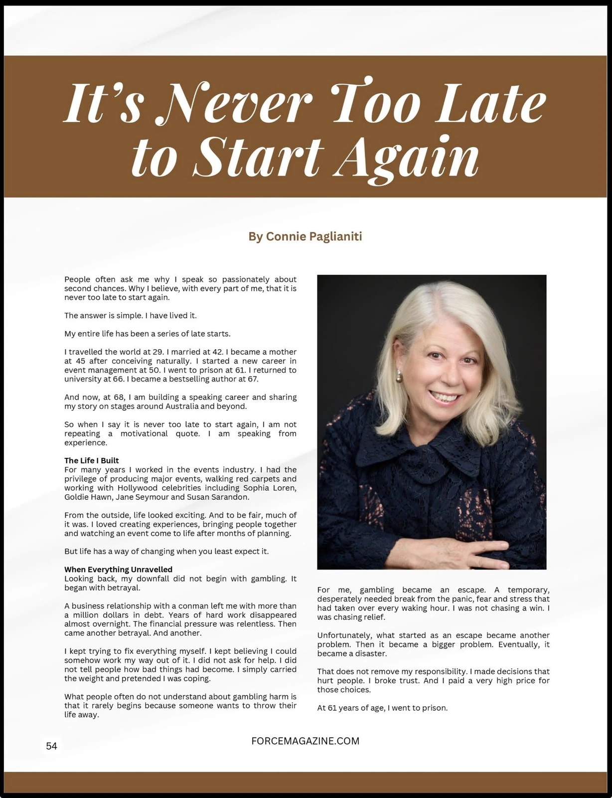 It’s Never Too Late to Start Again by Connie Paglianiti, FORCE Magazine