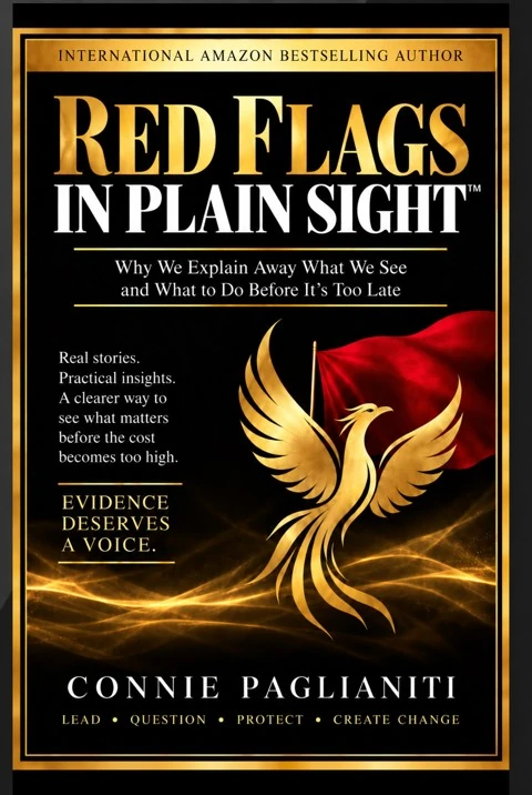Red Flags in Plain Sight by Connie Paglianiti, gold phoenix and red flag cover