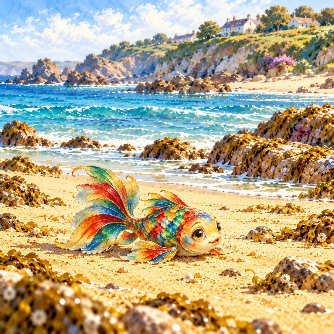 A small rainbow-coloured fish stranded on dry sand with the sea behind him