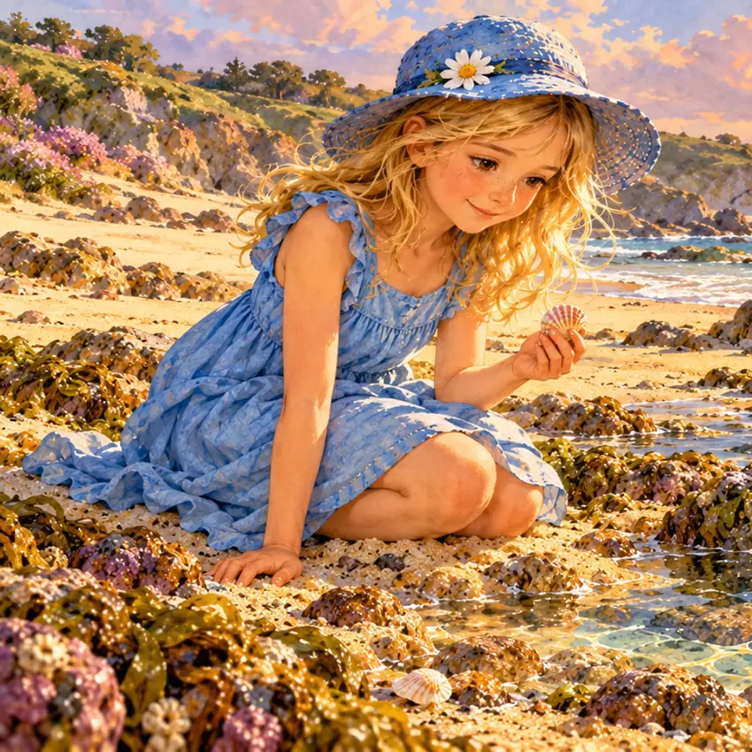 Natalie holding a little shell on the beach at Buddleia Cove