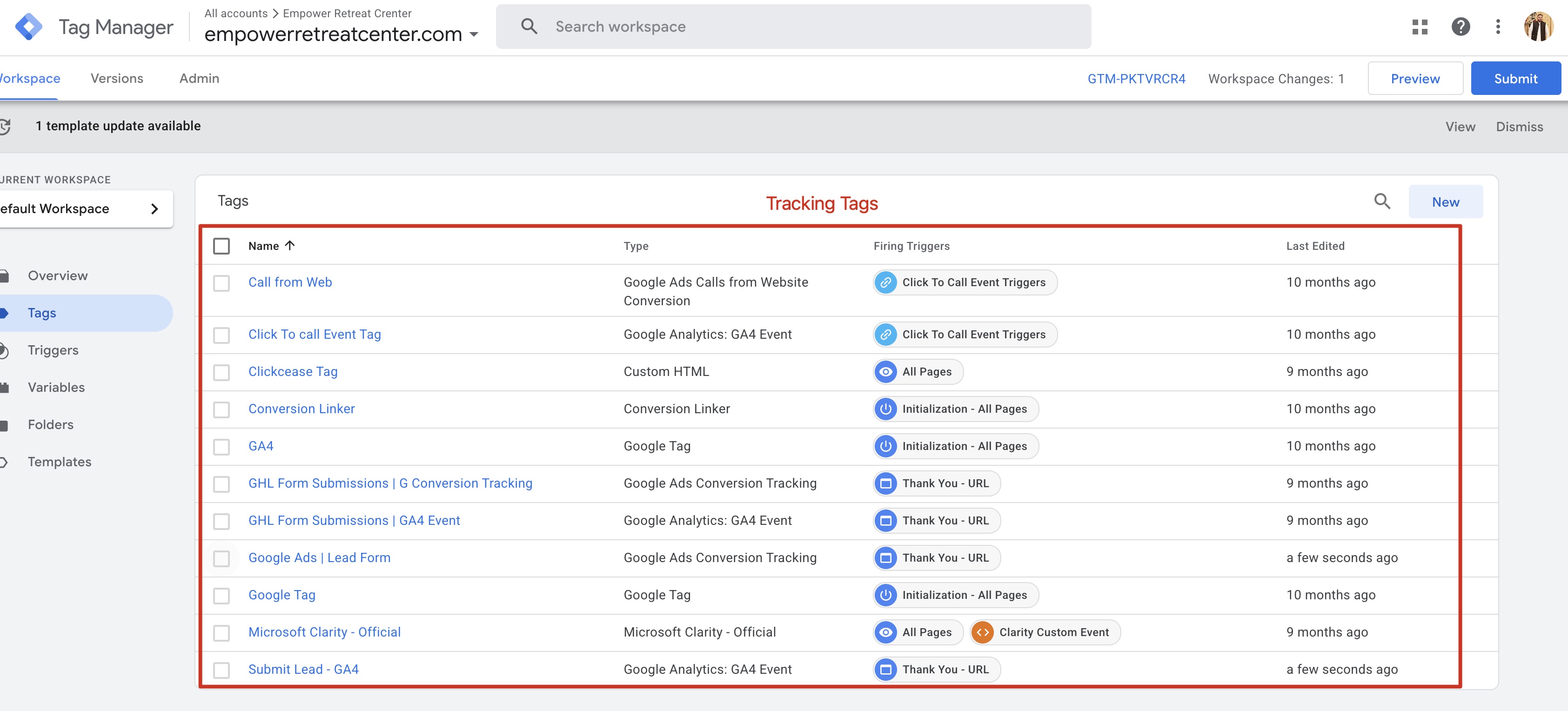 Empower Retreat Center GTM configuration