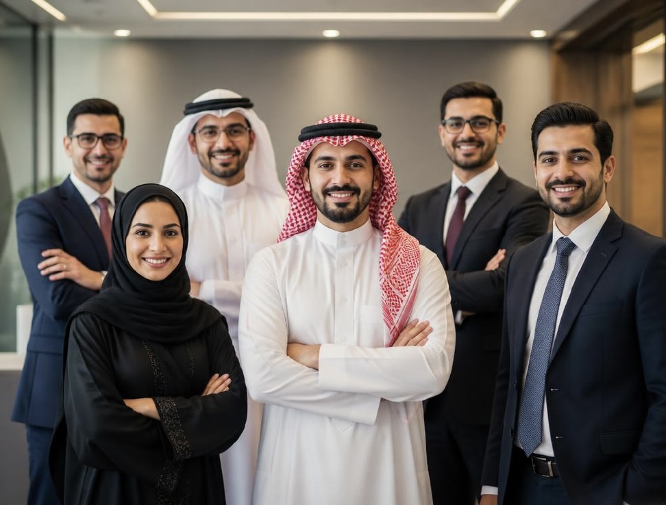 Saudi finance executives and professionals in a modern corporate office