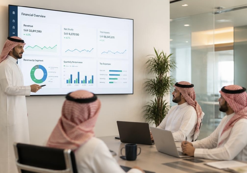 Saudi finance leaders reviewing financial dashboards in a modern office