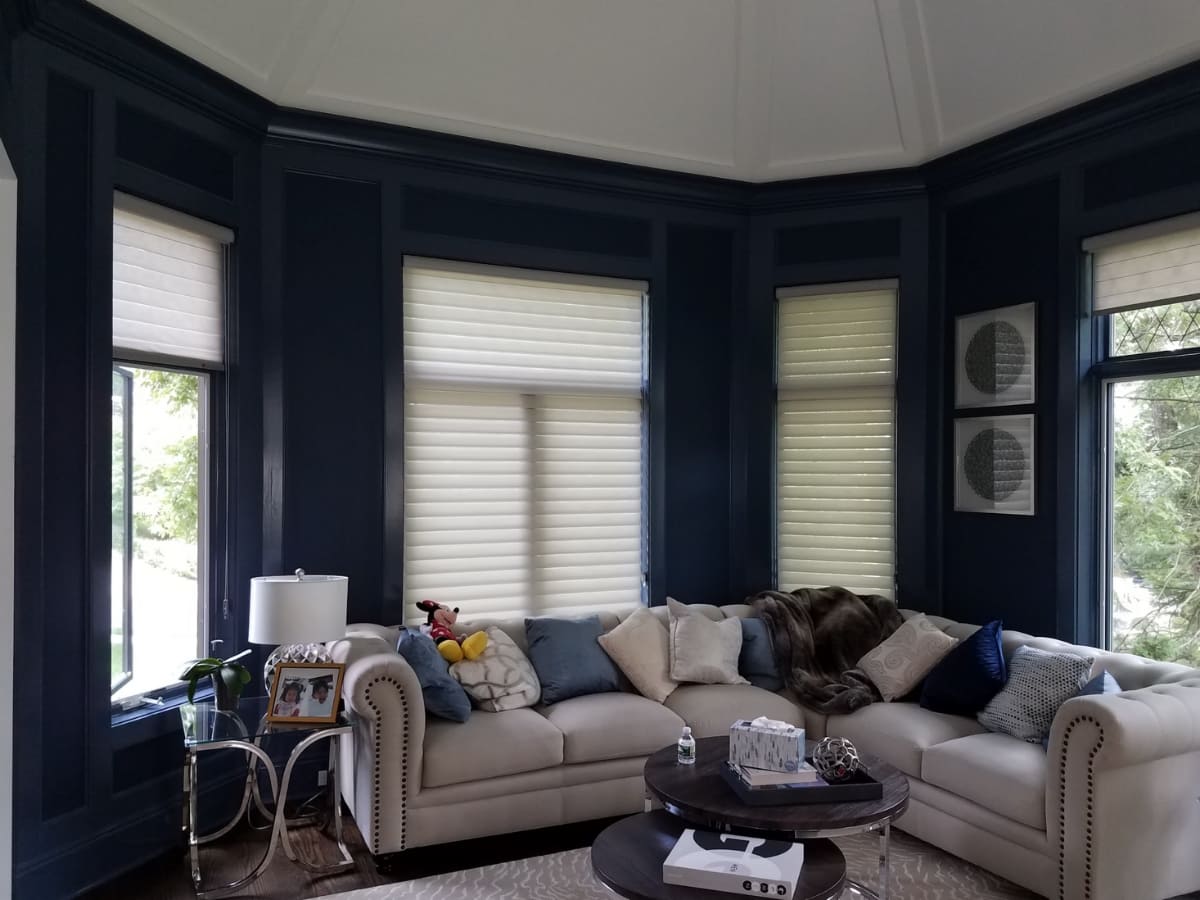 Cozy living space with dark blue waterproofed walls and a large sectional sofa.