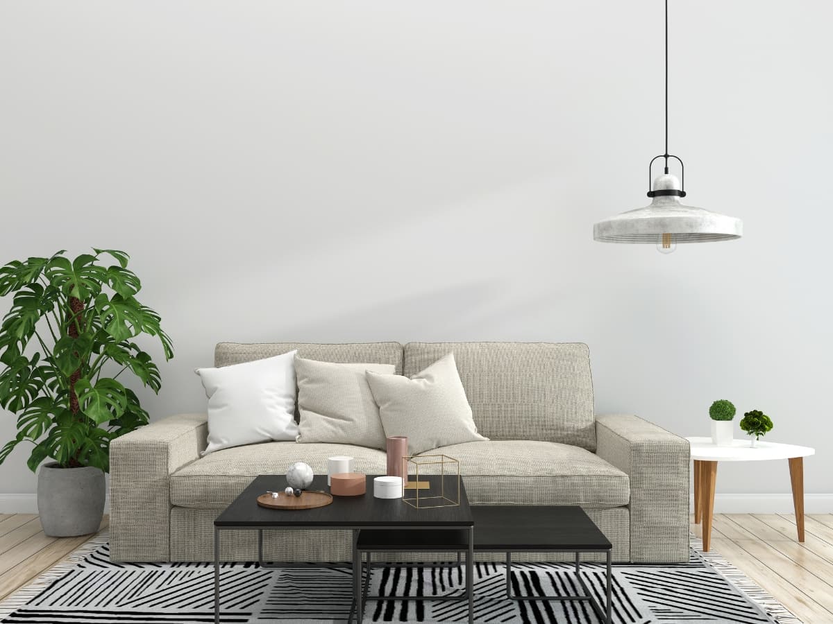 A minimalist living room featuring a light gray sofa, white walls, and a modern decor aesthetic, including a green plant and stylish pendant light.