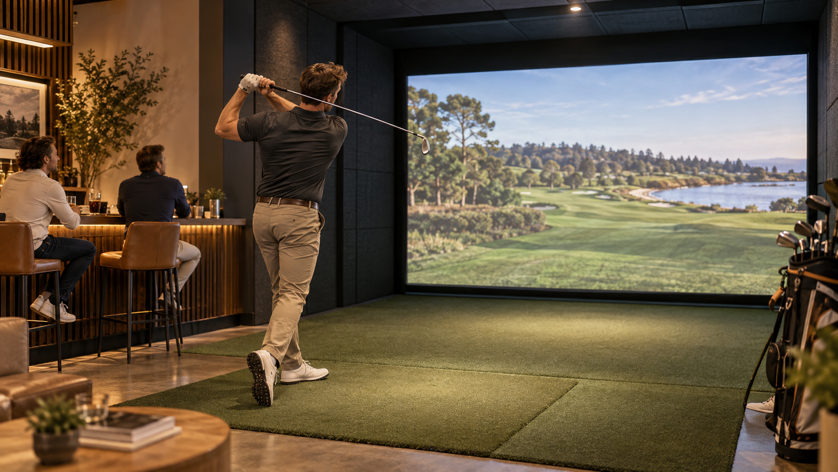 Golfer playing in an indoor golf simulator lounge