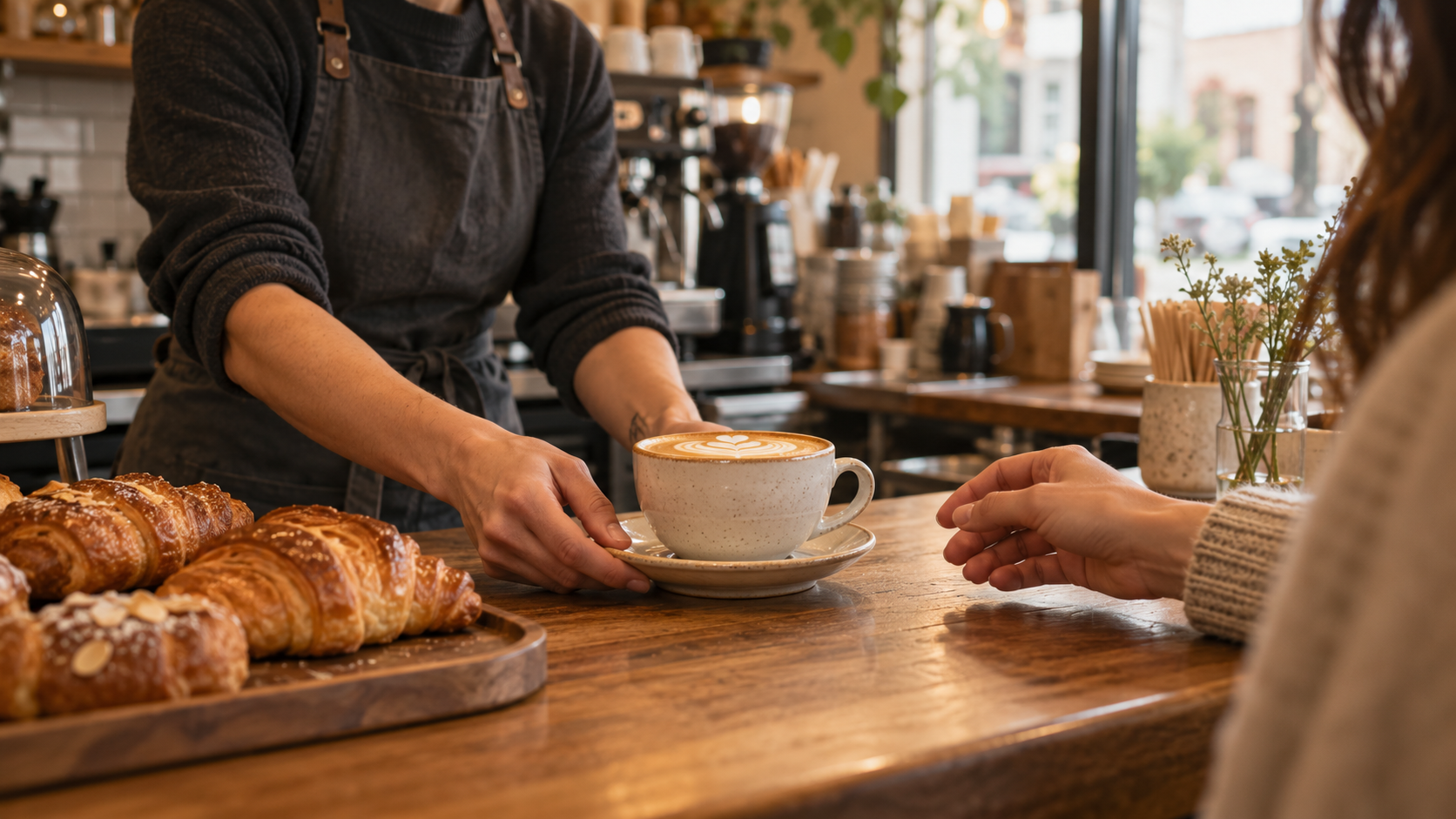Barista serving a cappuccino across a cafe counter
