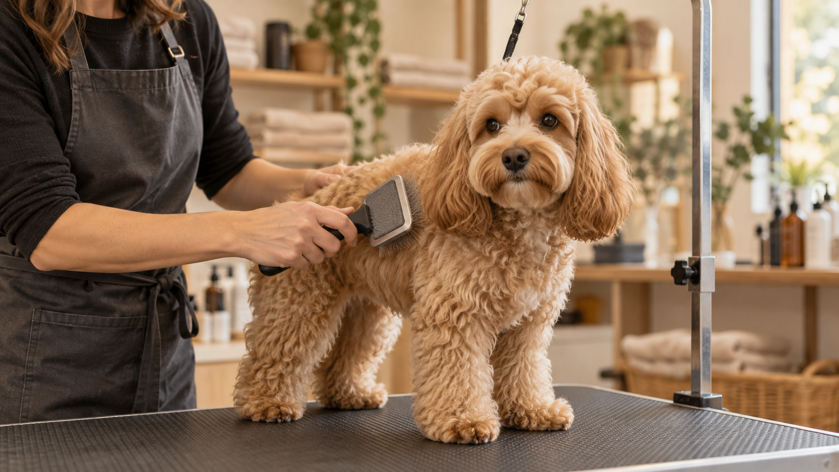 Groomer gently brushing a dog in a grooming studio
