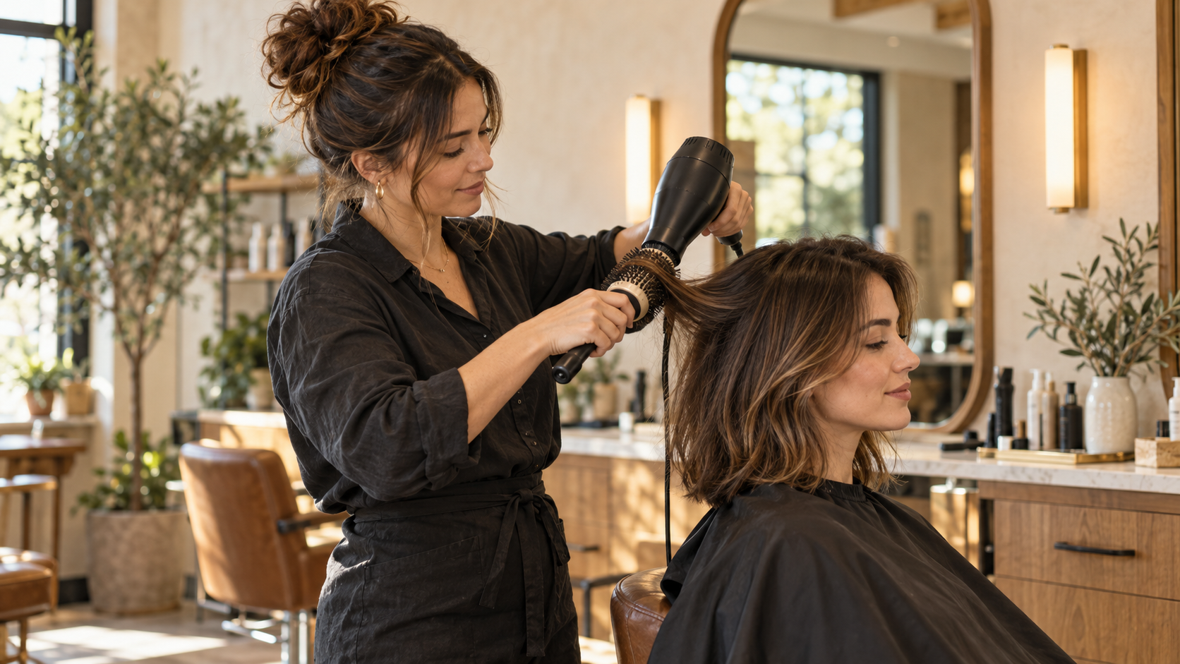 Stylist working on a customer's hair in a salon