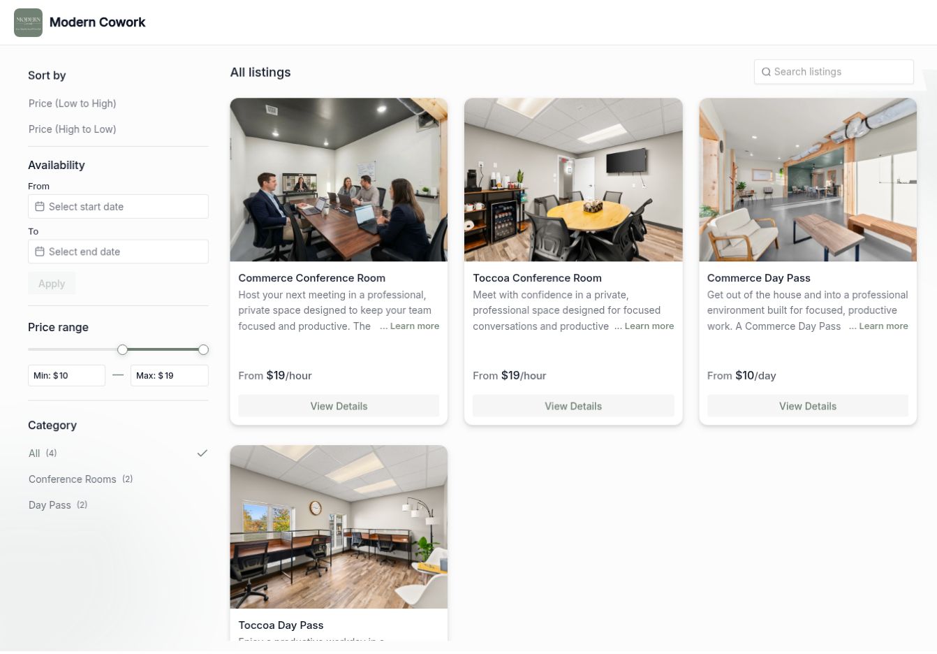Modern Cowork online booking page showing workspace options in Commerce and Toccoa.