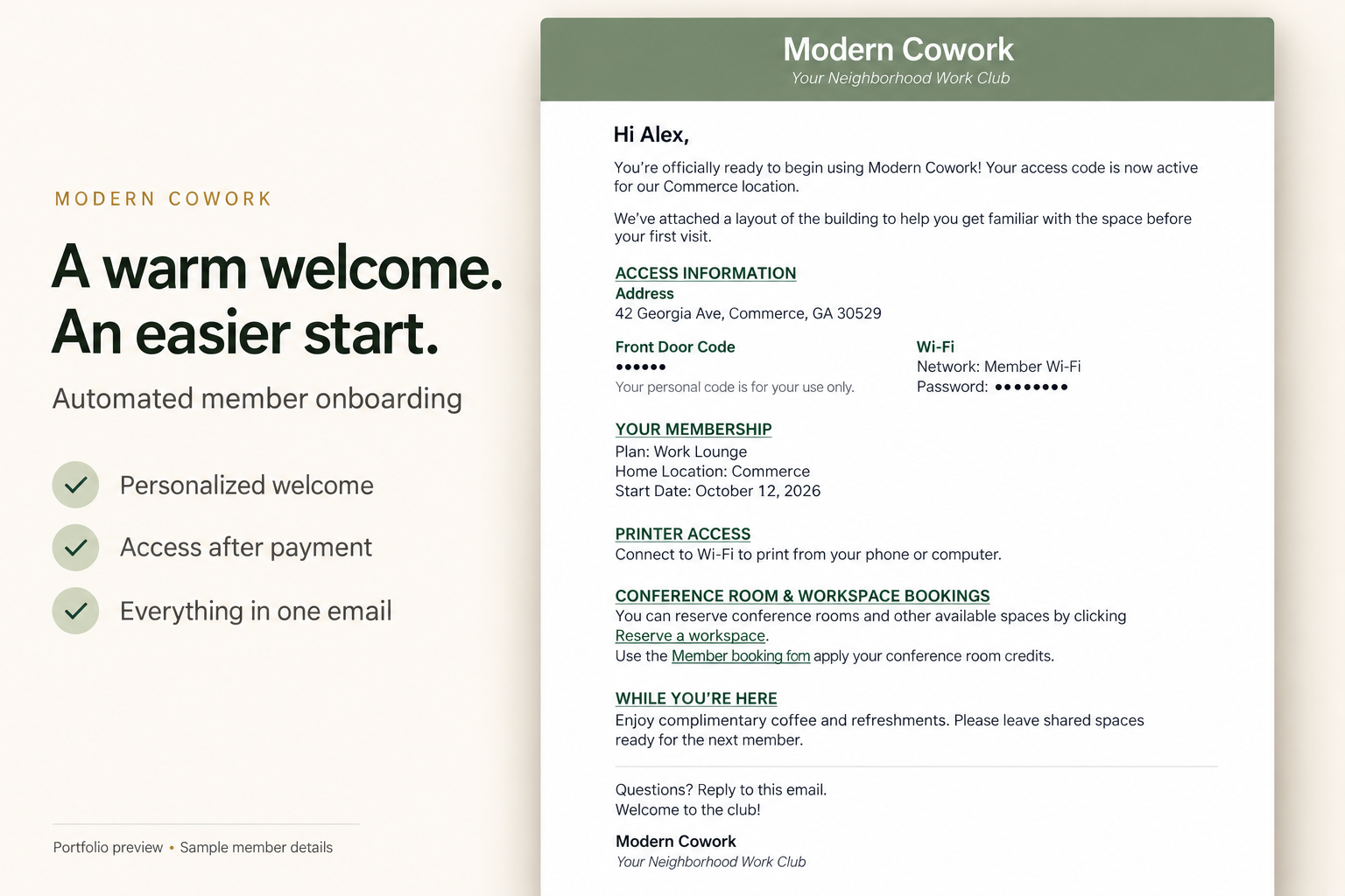 Modern Cowork onboarding email preview with personalized membership details and masked access information