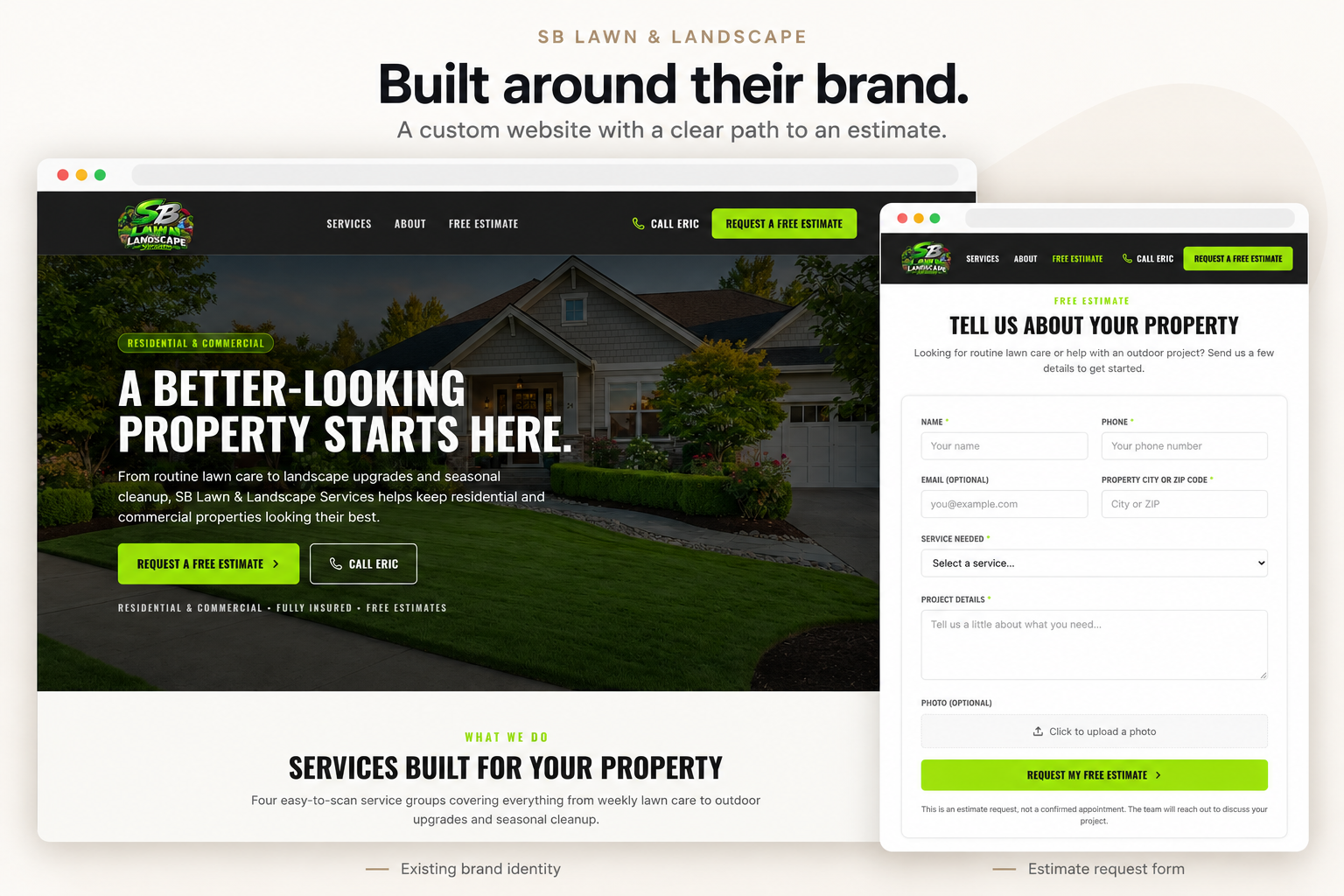 SB Lawn and Landscape website demo featuring its branded homepage and estimate-request form