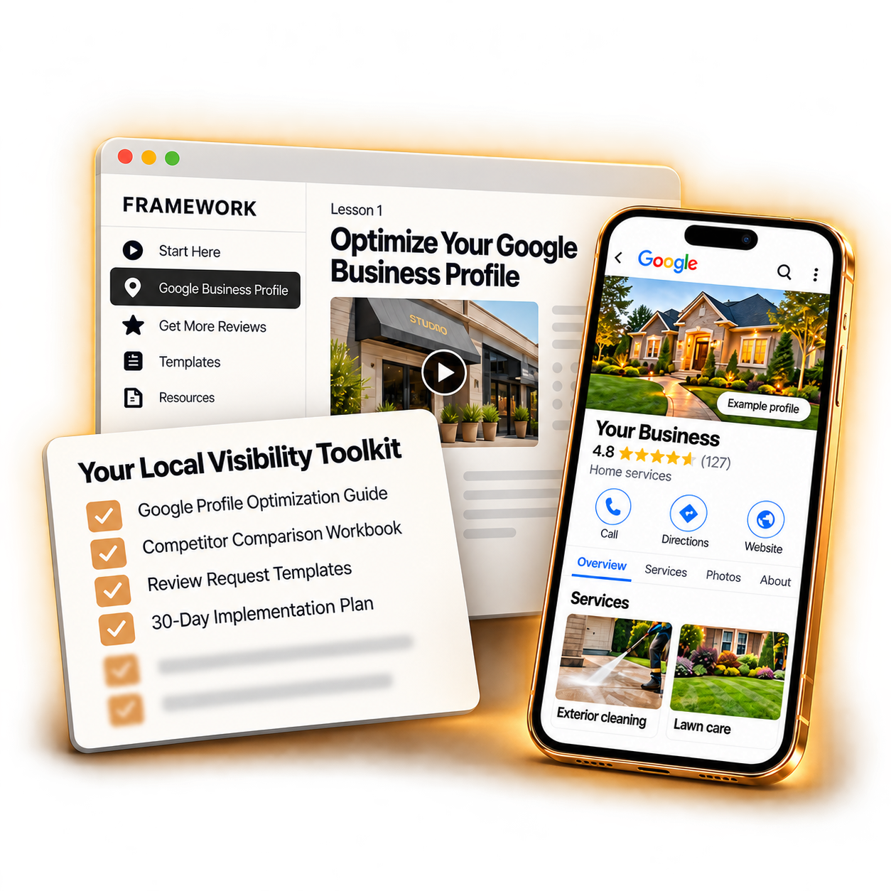 Framework toolkit preview with Google profile guidance, a resource checklist, and a review request template.