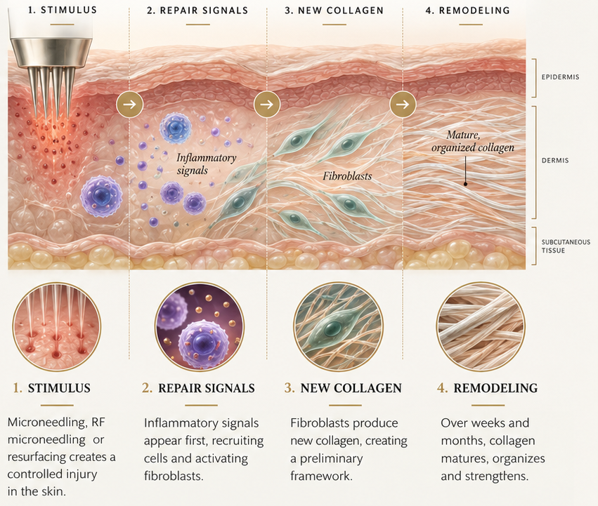 Why does collagen take time to build? 1. Stimulus, 2. Repair Signals, 3. New Collagen, 4. Remodeling