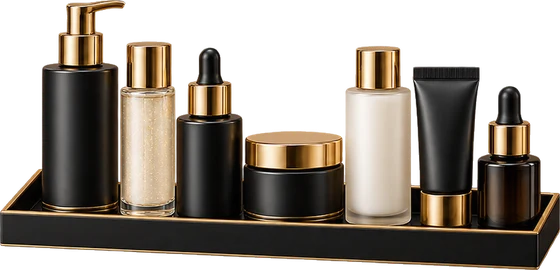 Seven skincare products on a tray