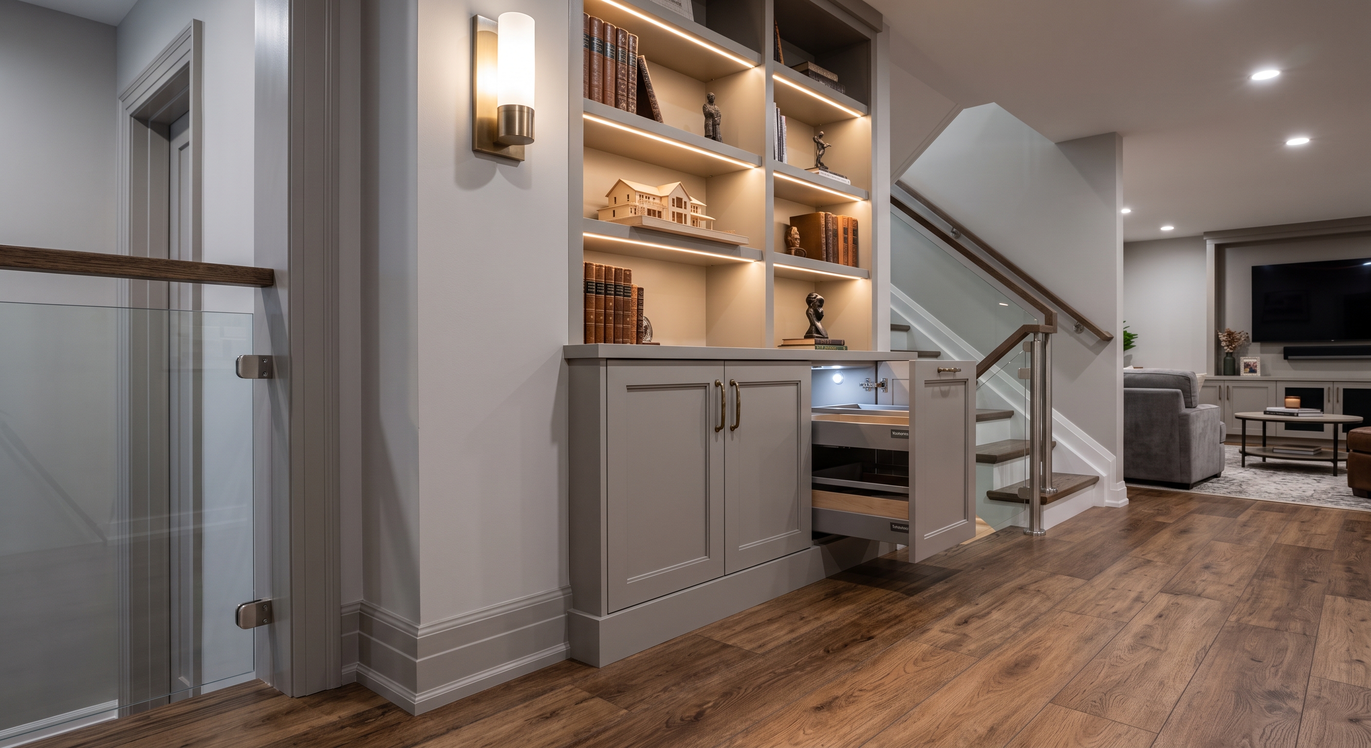 Basement finish detail showing trim, lighting or built-ins