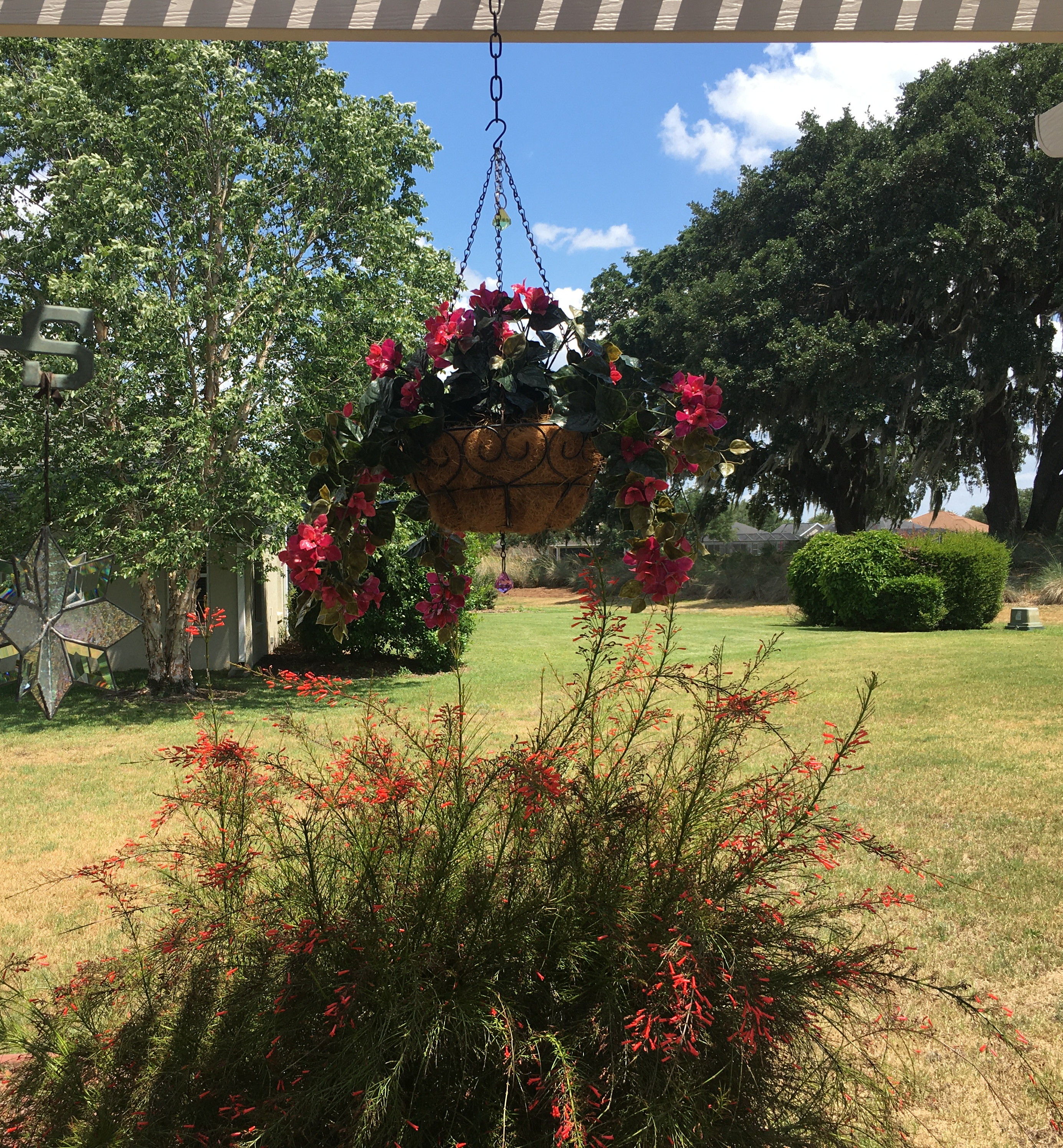 Artificial outdoor bougainvillea plant in hanging basket