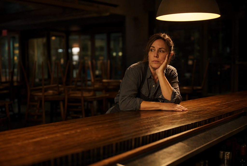 Restaurant owner sitting alone at the end of the bar after closing in a dim, empty dining room