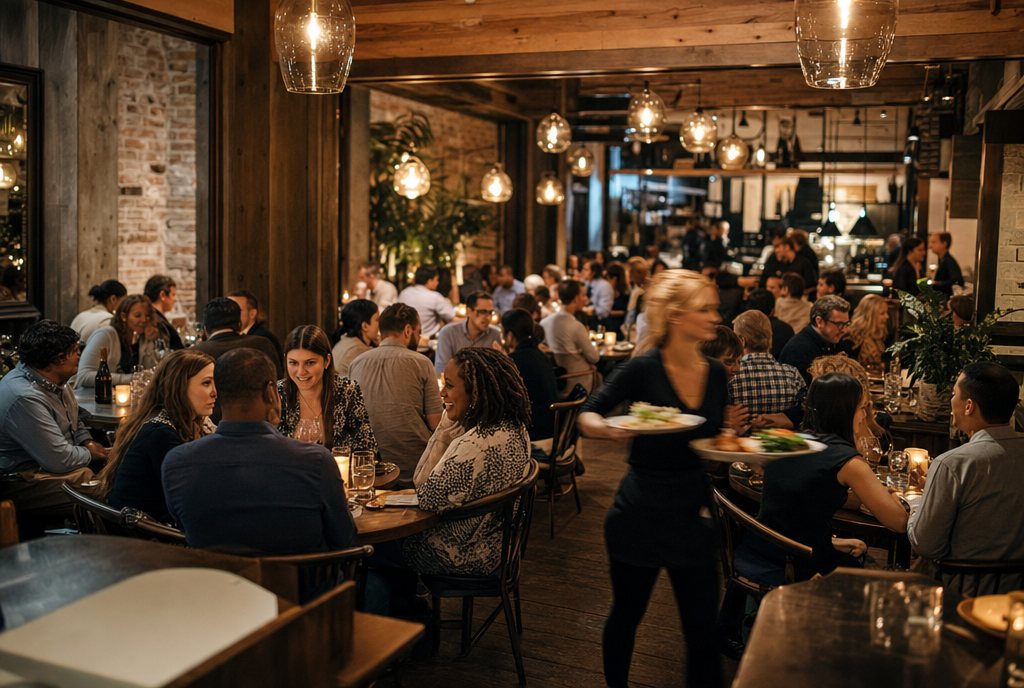 A full restaurant dining room of guests on a busy evening