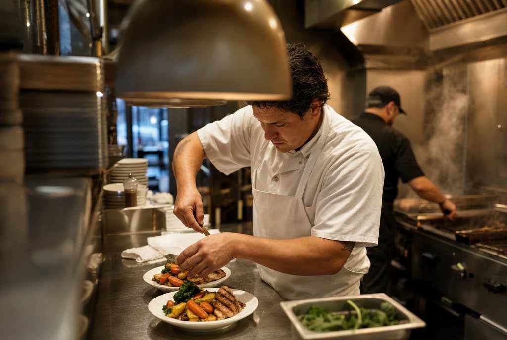 Chef plating grilled chicken and roasted vegetables at a restaurant kitchen pass during dinner service