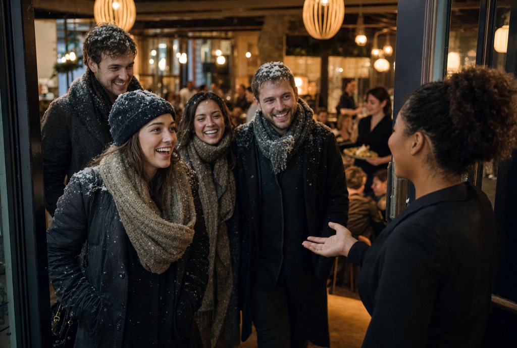 Host greeting a group of new guests arriving through the front door on a snowy evening, busy dining room behind them