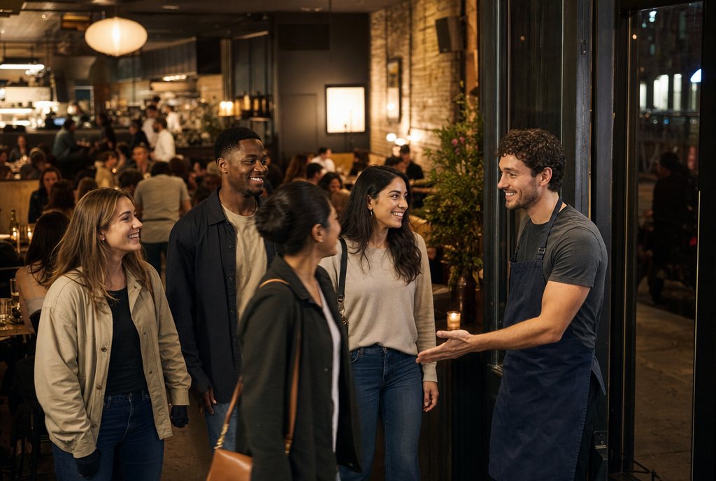 Host welcoming a group of four new guests at the door of a busy restaurant on a Friday evening