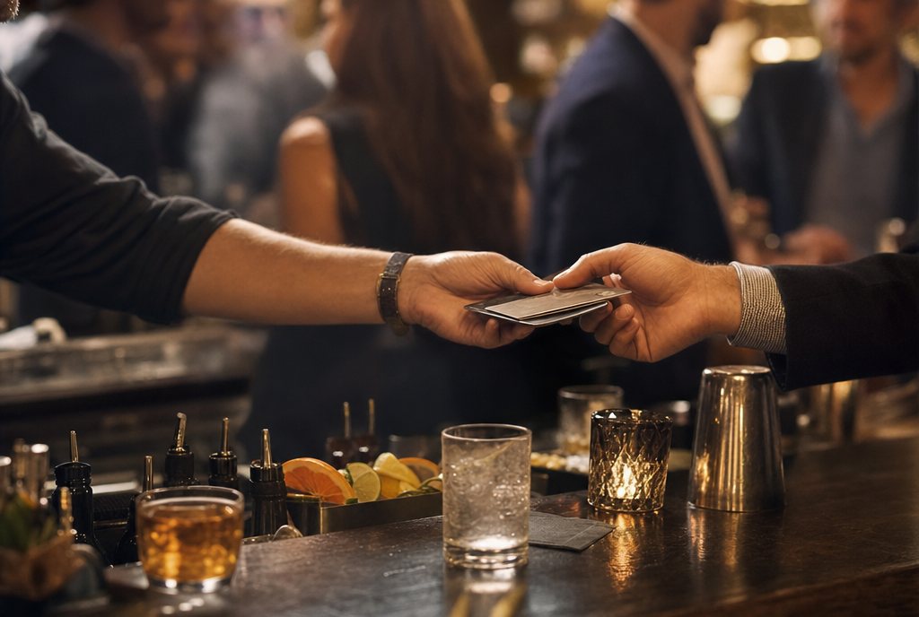 A bartender handing a credit card back to a guest at a busy bar