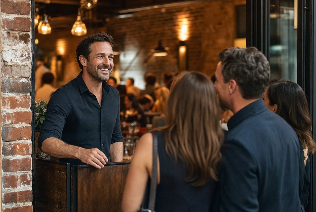 A restaurant owner greeting new guests at the host stand