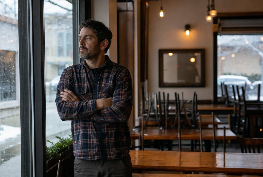 Restaurant owner standing by the front window of a quiet dining room on a snowy January afternoon