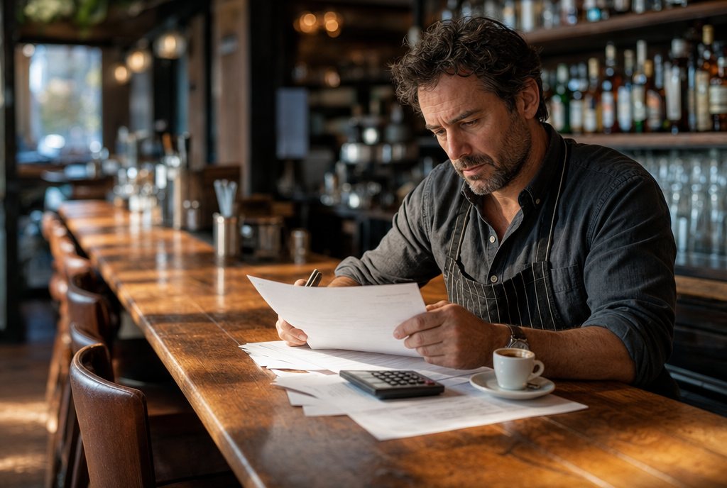 A restaurant owner reviewing a financing term sheet at the bar before service
