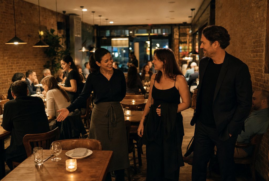 A host leading a couple to a candlelit table in a busy restaurant on a weeknight
