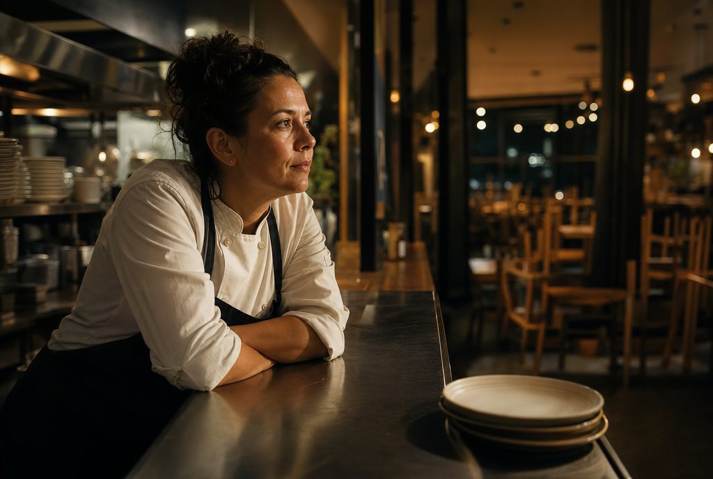 Restaurant owner in a chef coat leaning on the kitchen pass at the end of the night, looking out at the empty dining room