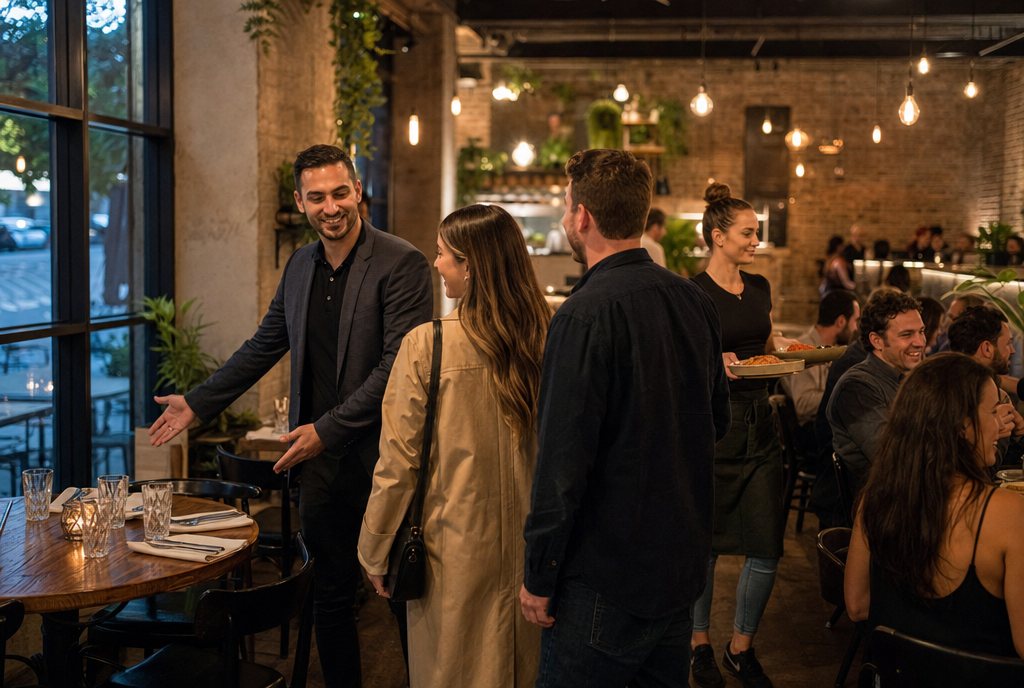 Host seating a newly arrived couple in a busy neighborhood restaurant on a Saturday night