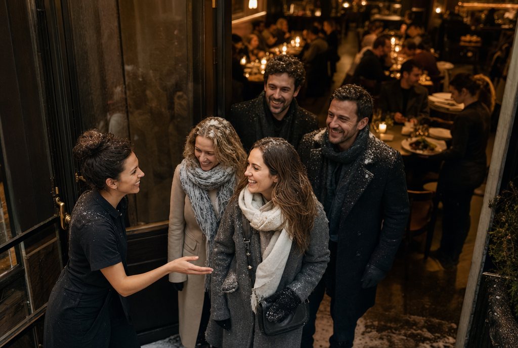 Host welcoming a group of new guests in snowy winter coats at the door of a busy restaurant
