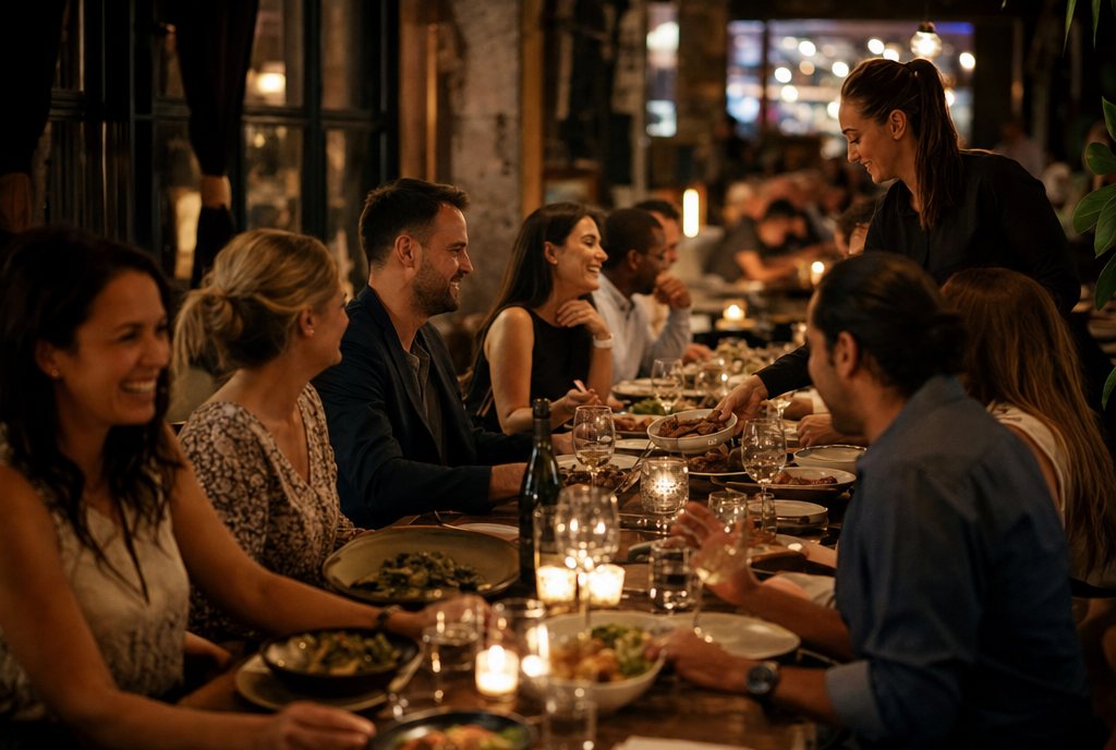 A large party celebrating around a long restaurant table
