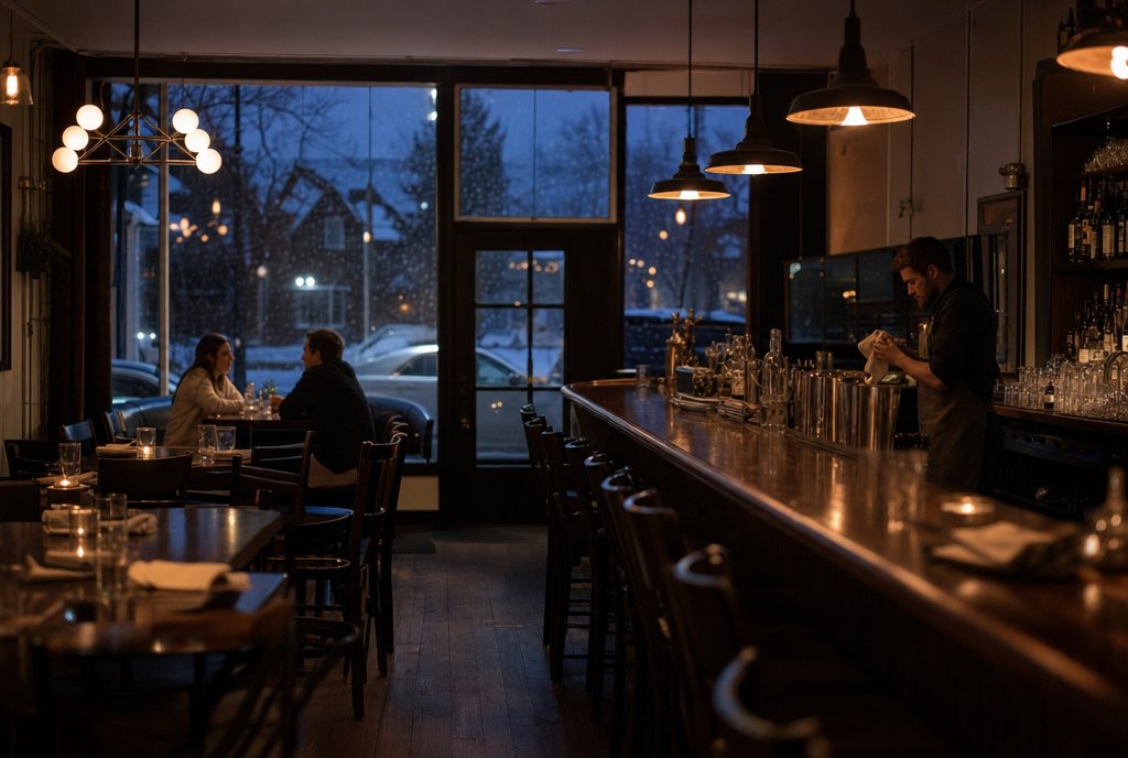 A quiet restaurant dining room on a slow winter weeknight