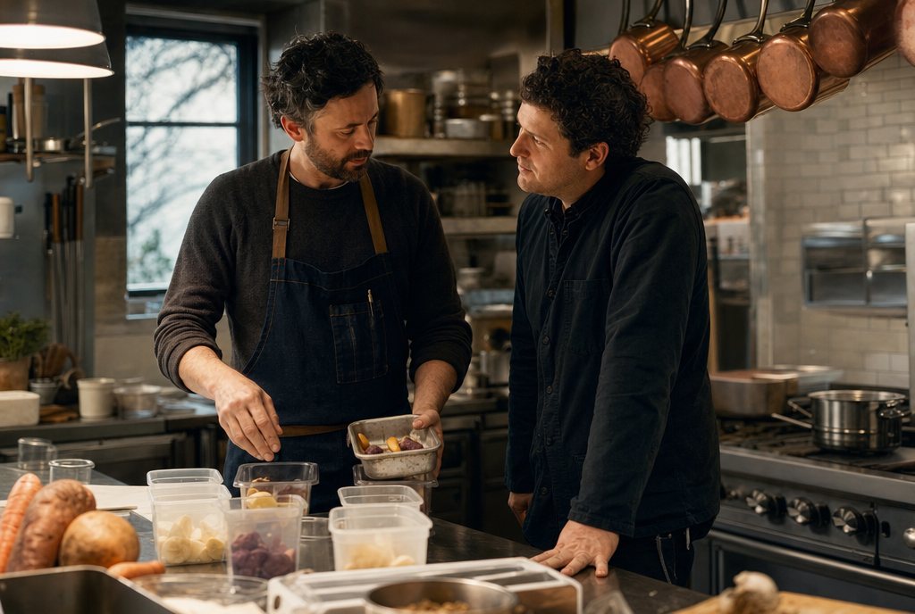 Chef and owner talking through a smaller winter menu at a prep table in a quiet restaurant kitchen