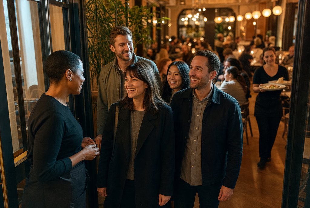 Host welcoming a group of new guests at the front door of a busy restaurant on a weeknight