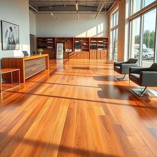 Modern showroom in Vineyards FL showcasing polished wood flooring with minimalist furniture and natural light.