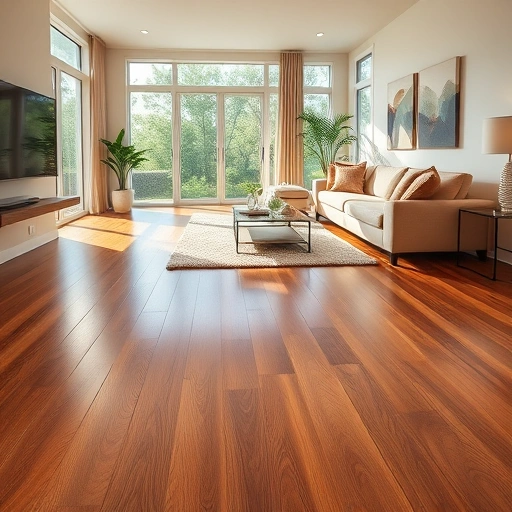 Contemporary living room in Cypress Lake FL featuring warm oak wood flooring, minimalist decor, and natural light.