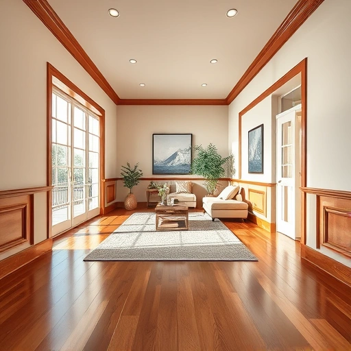 Hardwood floor trim installation in Naples FL, featuring polished trim and elegant decor in a spacious living room.